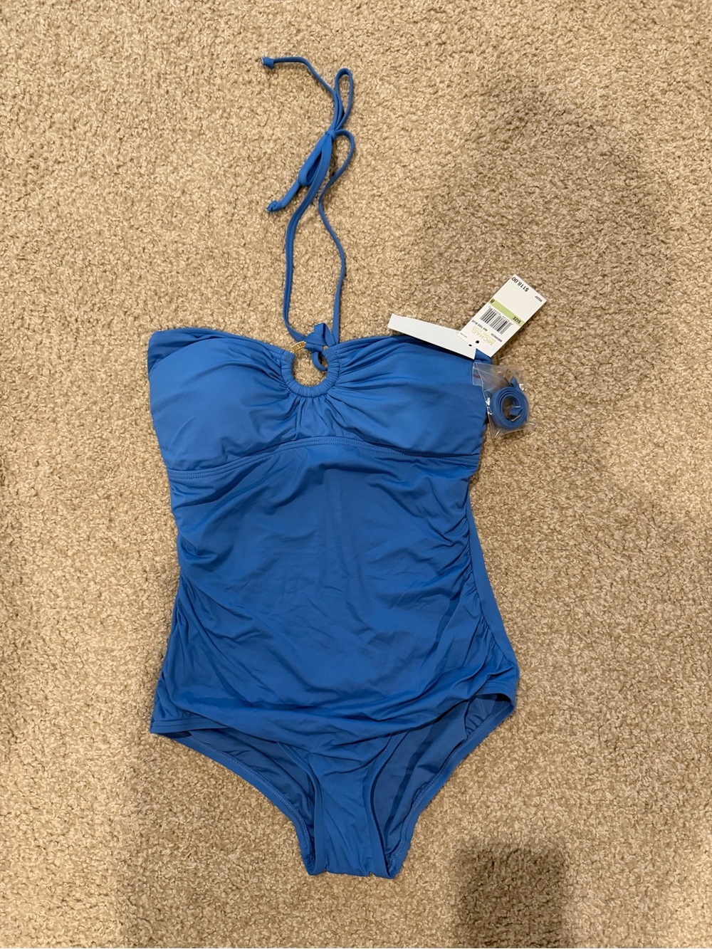 Michael Kors Bright Blue Halter One-Piece Swimsuit with Ring Detail